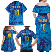 Custom Sri Lanka Cricket Royal Blue Warrior Family Matching Off Shoulder Maxi Dress and Hawaiian Shirt