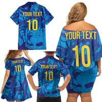 Custom Sri Lanka Cricket Royal Blue Warrior Family Matching Off Shoulder Short Dress and Hawaiian Shirt