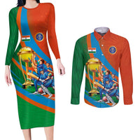 Indian Cricket Men in Blue The Champion 2025 Couples Matching Long Sleeve Bodycon Dress and Long Sleeve Button Shirt