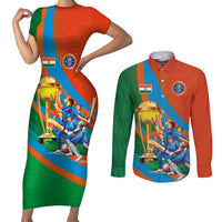 Indian Cricket Men in Blue The Champion 2025 Couples Matching Short Sleeve Bodycon Dress and Long Sleeve Button Shirt