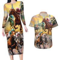 Kentucky Horses Racing Watercolor Couples Matching Long Sleeve Bodycon Dress and Hawaiian Shirt - Wonder Print Shop