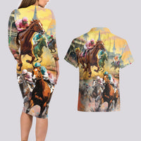Kentucky Horses Racing Watercolor Couples Matching Long Sleeve Bodycon Dress and Hawaiian Shirt - Wonder Print Shop