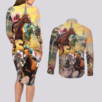 Kentucky Horses Racing Watercolor Couples Matching Long Sleeve Bodycon Dress and Long Sleeve Button Shirt - Wonder Print Shop