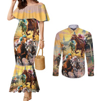 Kentucky Horses Racing Watercolor Couples Matching Mermaid Dress and Long Sleeve Button Shirt