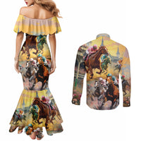 Kentucky Horses Racing Watercolor Couples Matching Mermaid Dress and Long Sleeve Button Shirt
