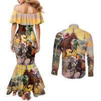 Kentucky Horses Racing Watercolor Couples Matching Mermaid Dress and Long Sleeve Button Shirt