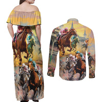 Kentucky Horses Racing Watercolor Couples Matching Off Shoulder Maxi Dress and Long Sleeve Button Shirt - Wonder Print Shop