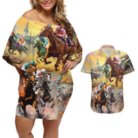 Kentucky Horses Racing Watercolor Couples Matching Off Shoulder Short Dress and Hawaiian Shirt - Wonder Print Shop