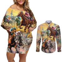 Kentucky Horses Racing Watercolor Couples Matching Off Shoulder Short Dress and Long Sleeve Button Shirt - Wonder Print Shop
