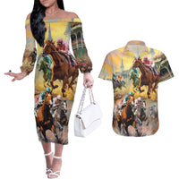 Kentucky Horses Racing Watercolor Couples Matching Off The Shoulder Long Sleeve Dress and Hawaiian Shirt - Wonder Print Shop