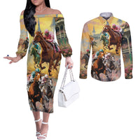 Kentucky Horses Racing Watercolor Couples Matching Off The Shoulder Long Sleeve Dress and Long Sleeve Button Shirt