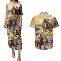 Kentucky Horses Racing Watercolor Couples Matching Puletasi and Hawaiian Shirt - Wonder Print Shop