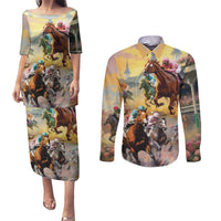 Kentucky Horses Racing Watercolor Couples Matching Puletasi and Long Sleeve Button Shirt - Wonder Print Shop