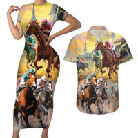 Kentucky Horses Racing Watercolor Couples Matching Short Sleeve Bodycon Dress and Hawaiian Shirt - Wonder Print Shop