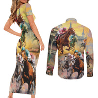 Kentucky Horses Racing Watercolor Couples Matching Short Sleeve Bodycon Dress and Long Sleeve Button Shirt - Wonder Print Shop