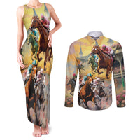 Kentucky Horses Racing Watercolor Couples Matching Tank Maxi Dress and Long Sleeve Button Shirt - Wonder Print Shop