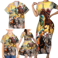 Kentucky Horses Racing Watercolor Family Matching Short Sleeve Bodycon Dress and Hawaiian Shirt - Wonder Print Shop