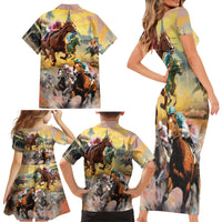 Kentucky Horses Racing Watercolor Family Matching Short Sleeve Bodycon Dress and Hawaiian Shirt - Wonder Print Shop