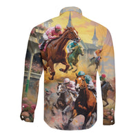Kentucky Horses Racing Watercolor Long Sleeve Button Shirt - Wonder Print Shop
