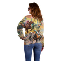 Kentucky Horses Racing Watercolor Off Shoulder Sweater - Wonder Print Shop