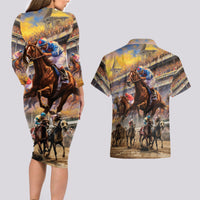 Kentucky Hosts Horse Races Watercolor Couples Matching Long Sleeve Bodycon Dress and Hawaiian Shirt - Wonder Print Shop