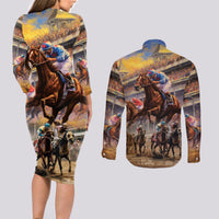 Kentucky Hosts Horse Races Watercolor Couples Matching Long Sleeve Bodycon Dress and Long Sleeve Button Shirt - Wonder Print Shop