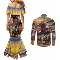 Kentucky Hosts Horse Races Watercolor Couples Matching Mermaid Dress and Long Sleeve Button Shirt