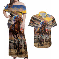 Kentucky Hosts Horse Races Watercolor Couples Matching Off Shoulder Maxi Dress and Hawaiian Shirt - Wonder Print Shop
