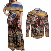 Kentucky Hosts Horse Races Watercolor Couples Matching Off Shoulder Maxi Dress and Long Sleeve Button Shirt - Wonder Print Shop