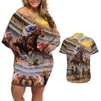 Kentucky Hosts Horse Races Watercolor Couples Matching Off Shoulder Short Dress and Hawaiian Shirt - Wonder Print Shop