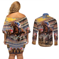 Kentucky Hosts Horse Races Watercolor Couples Matching Off Shoulder Short Dress and Long Sleeve Button Shirt - Wonder Print Shop