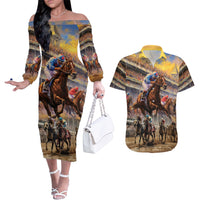 Kentucky Hosts Horse Races Watercolor Couples Matching Off The Shoulder Long Sleeve Dress and Hawaiian Shirt - Wonder Print Shop