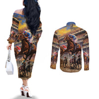 Kentucky Hosts Horse Races Watercolor Couples Matching Off The Shoulder Long Sleeve Dress and Long Sleeve Button Shirt