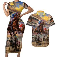 Kentucky Hosts Horse Races Watercolor Couples Matching Short Sleeve Bodycon Dress and Hawaiian Shirt - Wonder Print Shop