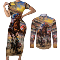 Kentucky Hosts Horse Races Watercolor Couples Matching Short Sleeve Bodycon Dress and Long Sleeve Button Shirt - Wonder Print Shop