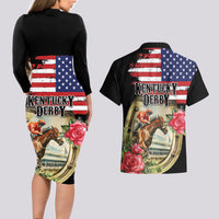 Kentucky Horseshoe Racing Rose Couples Matching Long Sleeve Bodycon Dress and Hawaiian Shirt Grunge American Flag Vintage Style - Wonder Print Shop