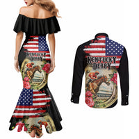 Kentucky Horseshoe Racing Rose Couples Matching Mermaid Dress and Long Sleeve Button Shirt Grunge American Flag Vintage Style