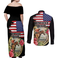 Kentucky Horseshoe Racing Rose Couples Matching Off Shoulder Maxi Dress and Long Sleeve Button Shirt Grunge American Flag Vintage Style - Wonder Print Shop