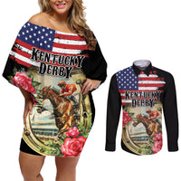Kentucky Horseshoe Racing Rose Couples Matching Off Shoulder Short Dress and Long Sleeve Button Shirt Grunge American Flag Vintage Style - Wonder Print Shop