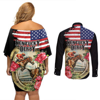 Kentucky Horseshoe Racing Rose Couples Matching Off Shoulder Short Dress and Long Sleeve Button Shirt Grunge American Flag Vintage Style - Wonder Print Shop