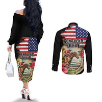 Kentucky Horseshoe Racing Rose Couples Matching Off The Shoulder Long Sleeve Dress and Long Sleeve Button Shirt Grunge American Flag Vintage Style