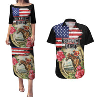 Kentucky Horseshoe Racing Rose Couples Matching Puletasi and Hawaiian Shirt Grunge American Flag Vintage Style - Wonder Print Shop