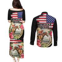 Kentucky Horseshoe Racing Rose Couples Matching Puletasi and Long Sleeve Button Shirt Grunge American Flag Vintage Style - Wonder Print Shop