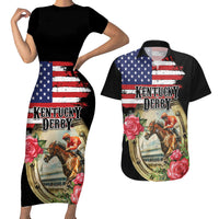 Kentucky Horseshoe Racing Rose Couples Matching Short Sleeve Bodycon Dress and Hawaiian Shirt Grunge American Flag Vintage Style - Wonder Print Shop