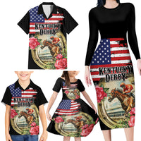 Kentucky Horseshoe Racing Rose Family Matching Long Sleeve Bodycon Dress and Hawaiian Shirt Grunge American Flag Vintage Style - Wonder Print Shop