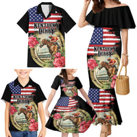 Kentucky Horseshoe Racing Rose Family Matching Mermaid Dress and Hawaiian Shirt Grunge American Flag Vintage Style - Wonder Print Shop