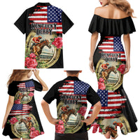 Kentucky Horseshoe Racing Rose Family Matching Mermaid Dress and Hawaiian Shirt Grunge American Flag Vintage Style - Wonder Print Shop
