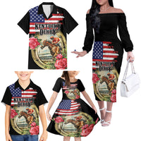 Kentucky Horseshoe Racing Rose Family Matching Off The Shoulder Long Sleeve Dress and Hawaiian Shirt Grunge American Flag Vintage Style - Wonder Print Shop