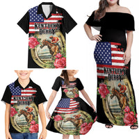 Kentucky Horseshoe Racing Rose Family Matching Off Shoulder Maxi Dress and Hawaiian Shirt Grunge American Flag Vintage Style - Wonder Print Shop