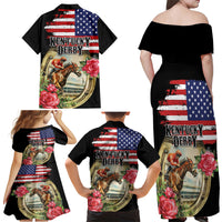Kentucky Horseshoe Racing Rose Family Matching Off Shoulder Maxi Dress and Hawaiian Shirt Grunge American Flag Vintage Style - Wonder Print Shop